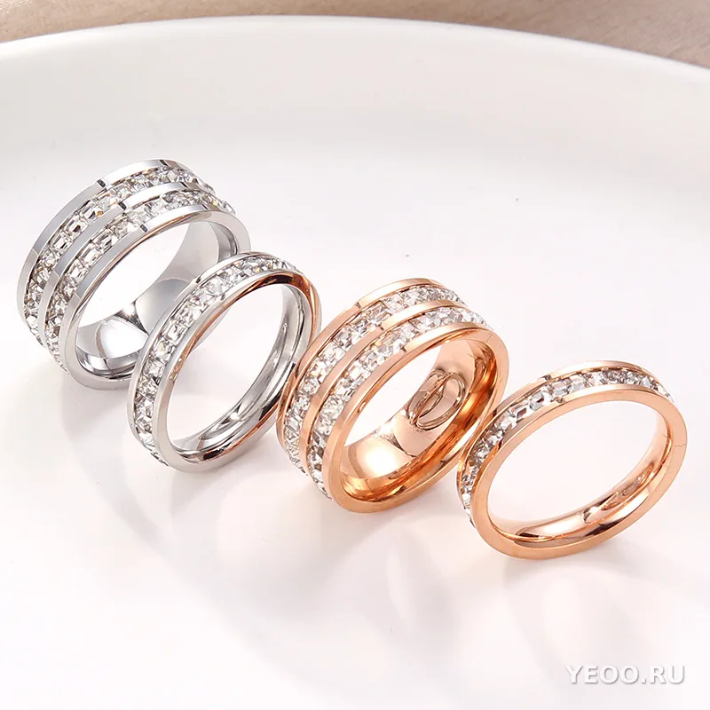 Кольцо женское из титановой стали с покрытием 18K розовое золото, однорядное или двухрядное, с фианитами