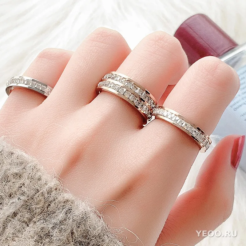 Кольцо женское из титановой стали с покрытием 18K розовое золото, однорядное или двухрядное, с фианитами