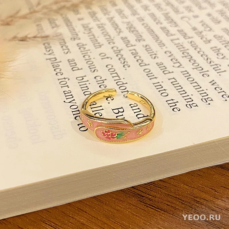 Кольцо женское с эмалью и цветочным узором, в китайском стиле, разомкнутое