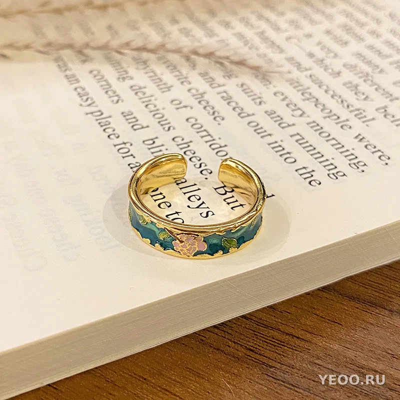 Кольцо женское с эмалью и цветочным узором, в китайском стиле, разомкнутое
