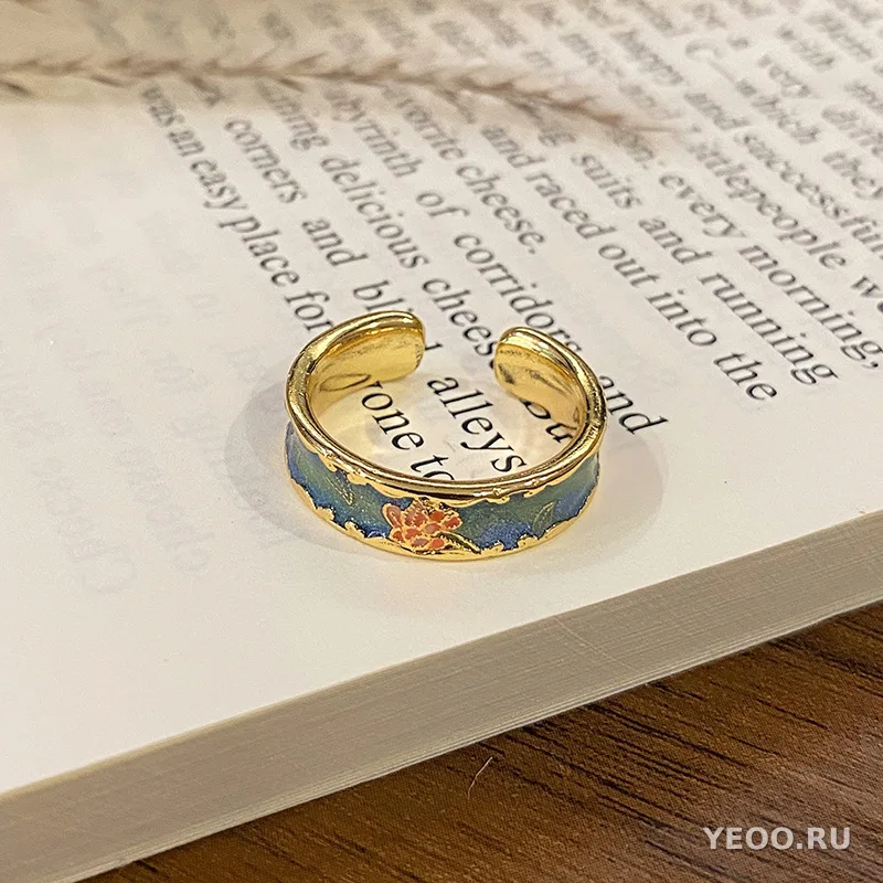 Кольцо женское с эмалью и цветочным узором, в китайском стиле, разомкнутое