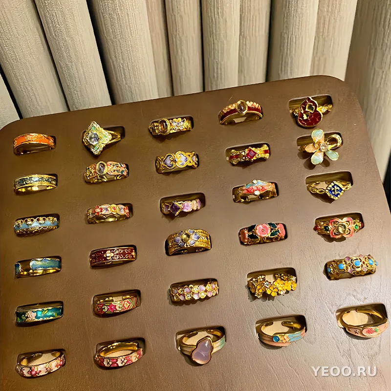 Кольцо женское с эмалью и цветочным узором, в китайском стиле, разомкнутое