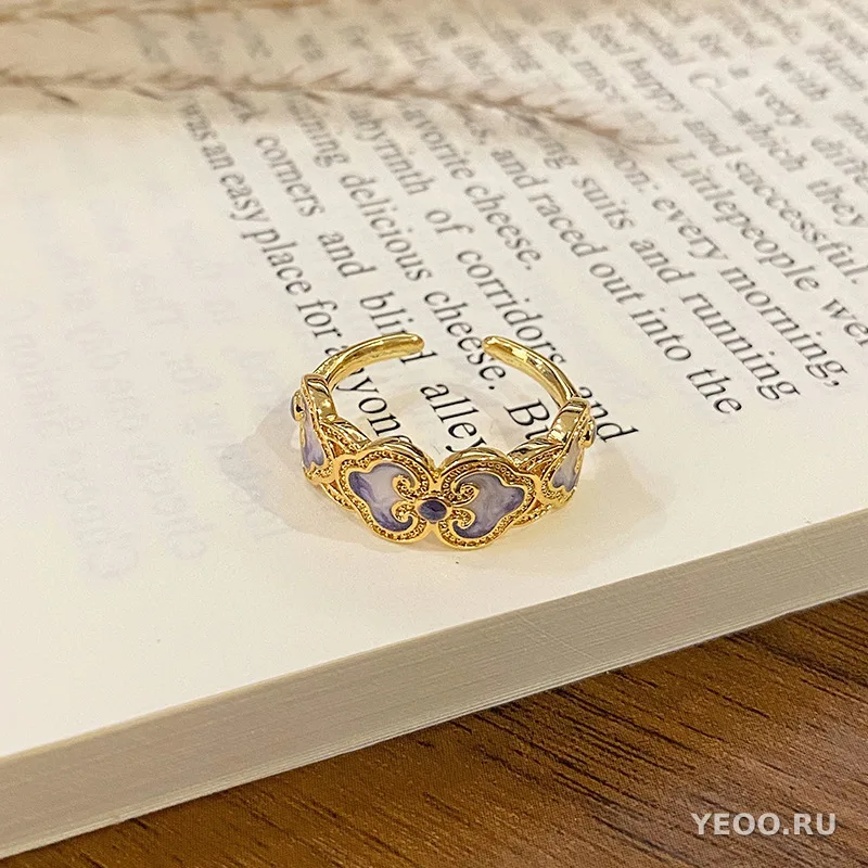 Кольцо женское с эмалью и цветочным узором, в китайском стиле, разомкнутое