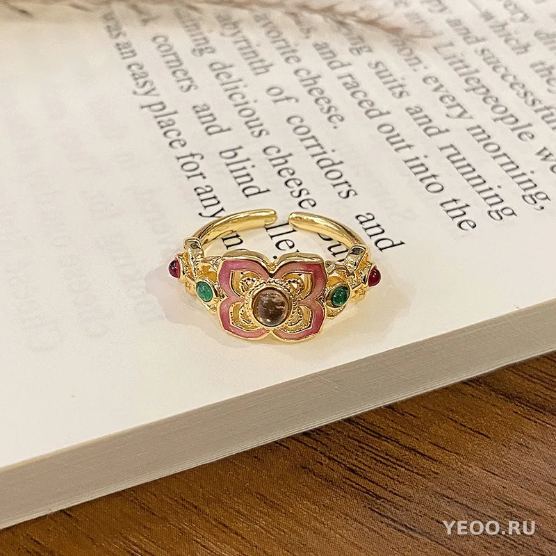 Кольцо женское с эмалью и цветочным узором, в китайском стиле, разомкнутое