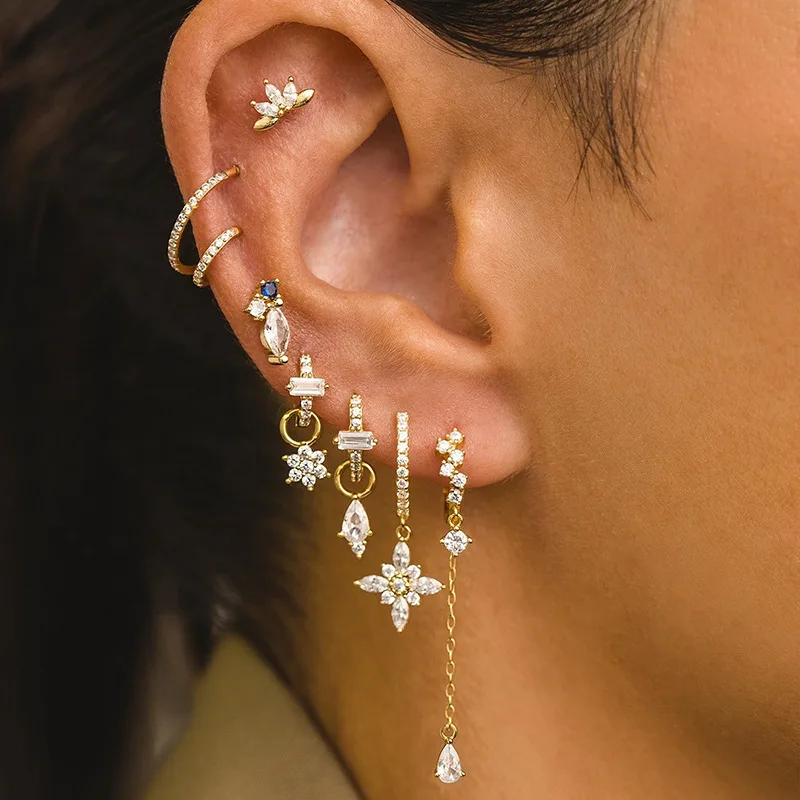 Серьги-кольца с цветком и цирконием, с кисточкой, позолота 18K