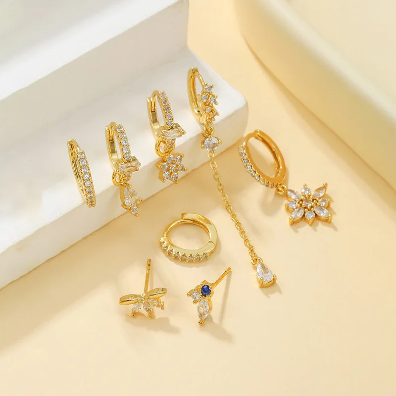 Серьги-кольца с цветком и цирконием, с кисточкой, позолота 18K