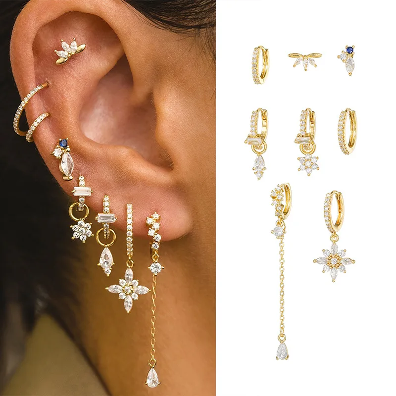 Серьги-кольца с цветком и цирконием, с кисточкой, позолота 18K