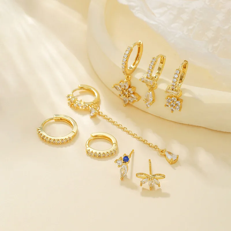 Серьги-кольца с цветком и цирконием, с кисточкой, позолота 18K