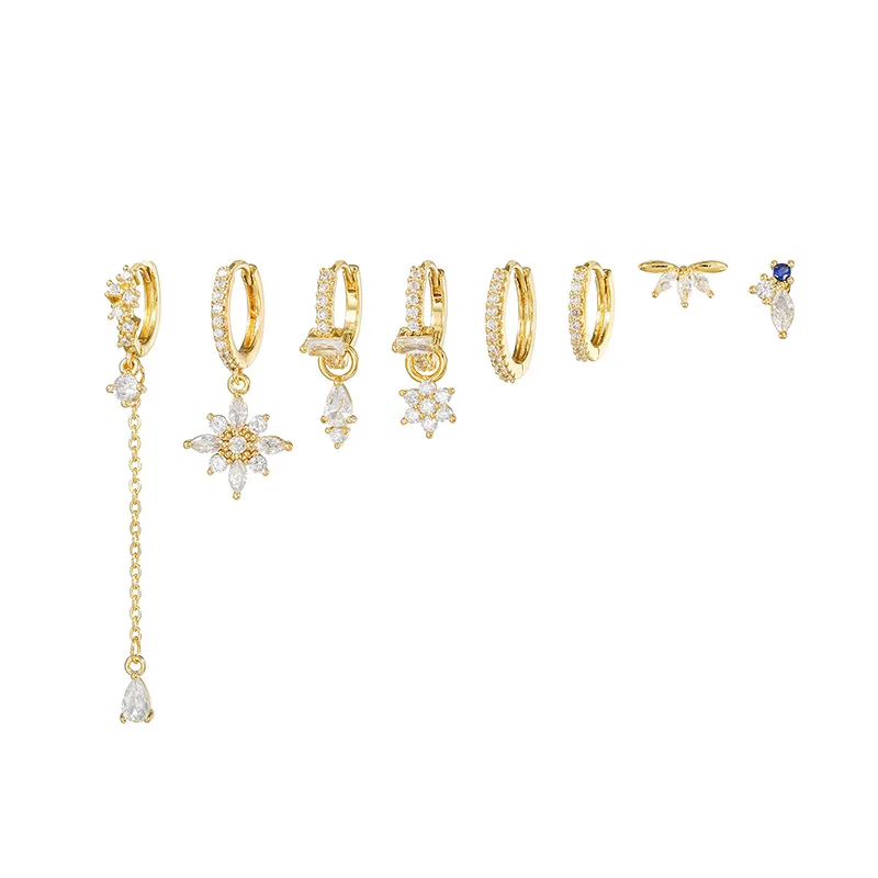 Серьги-кольца с цветком и цирконием, с кисточкой, позолота 18K