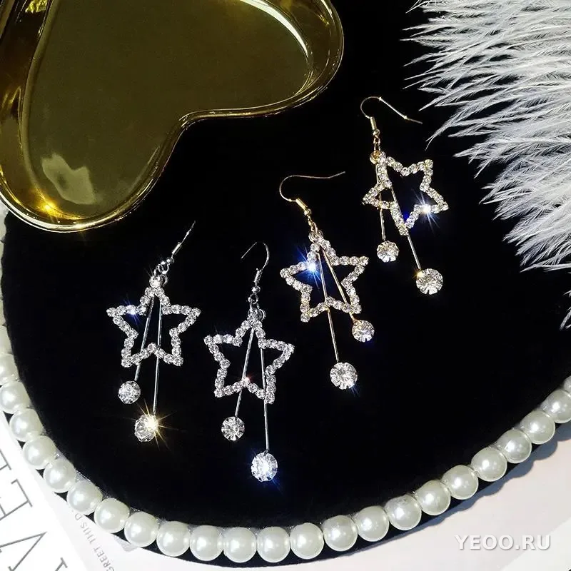 Серьги-подвески со стразами, геометрические формы, с кисточками