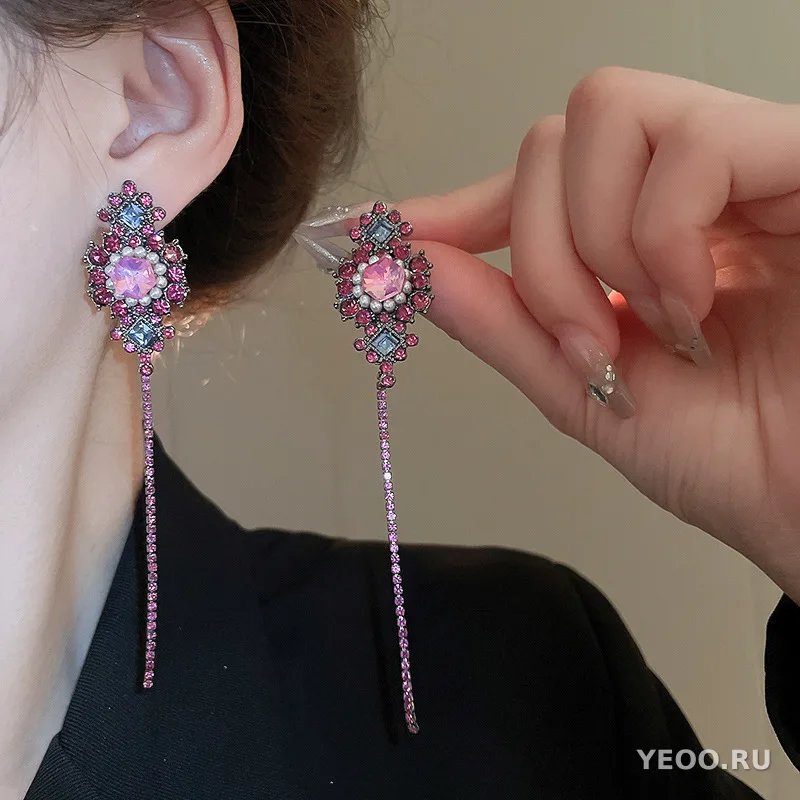 Крупные серьги-кисточки с искусственным хрусталём, каплевидные, в стиле бохо