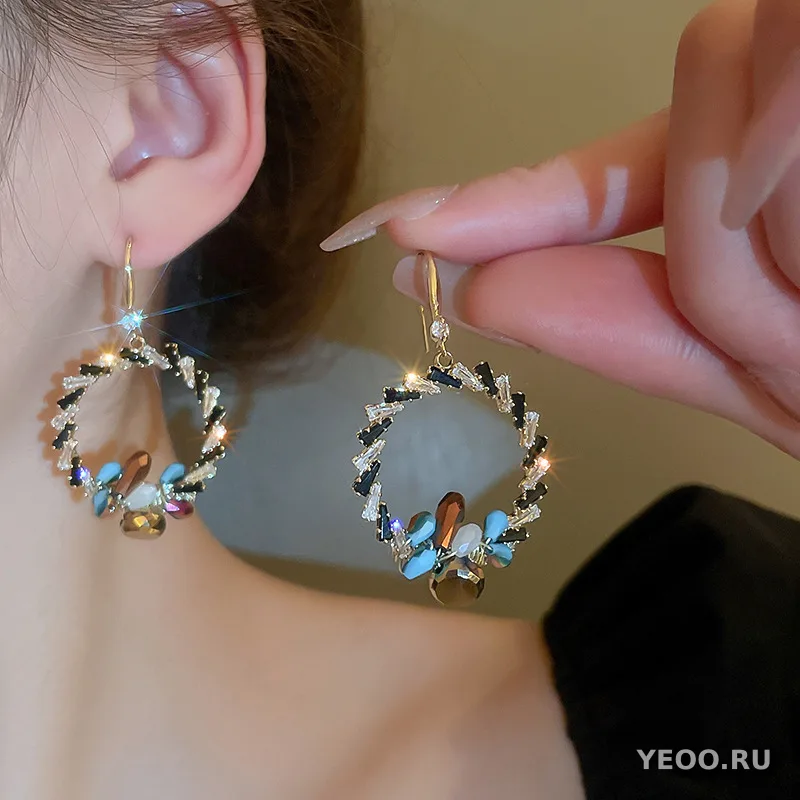 Крупные серьги-кисточки с искусственным хрусталём, каплевидные, в стиле бохо
