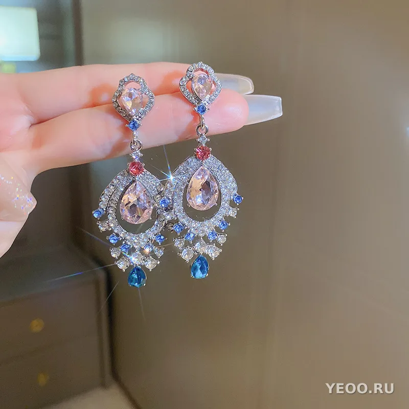 Крупные серьги-кисточки с искусственным хрусталём, каплевидные, в стиле бохо