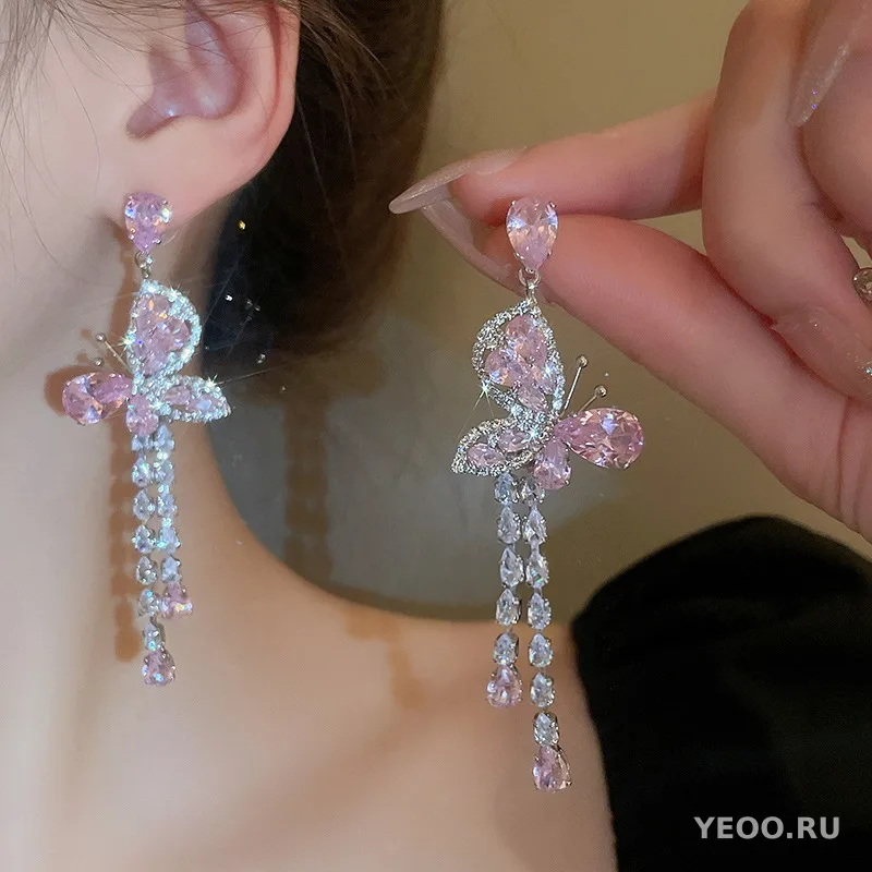 Крупные серьги-кисточки с искусственным хрусталём, каплевидные, в стиле бохо