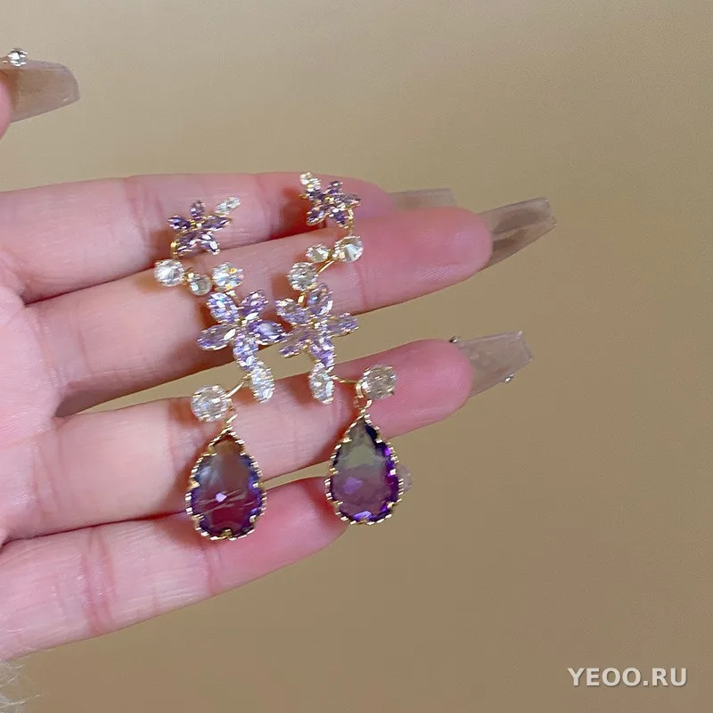 Крупные серьги-кисточки с искусственным хрусталём, каплевидные, в стиле бохо