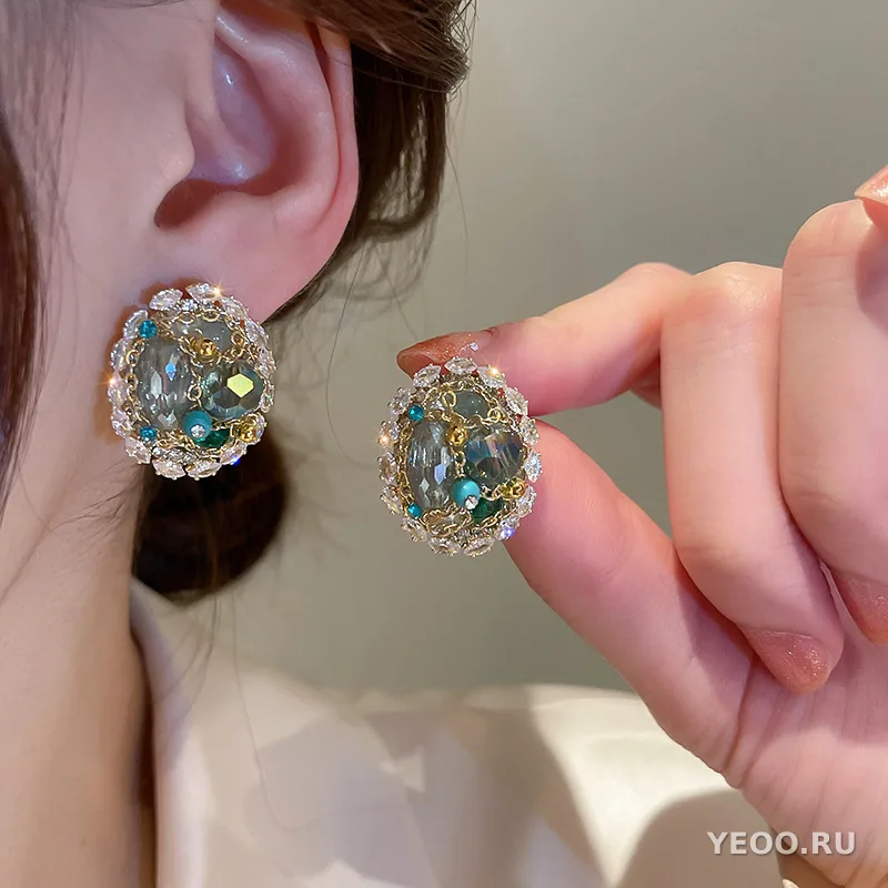 Крупные серьги-кисточки с искусственным хрусталём, каплевидные, в стиле бохо