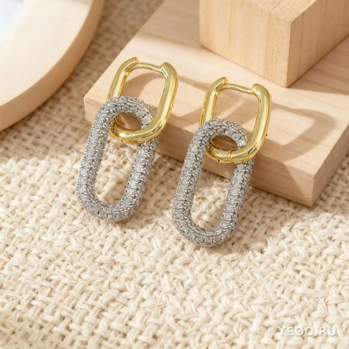 Серьги-гвоздики из латуни с позолотой 18K и цирконием, овальные, двойное кольцо