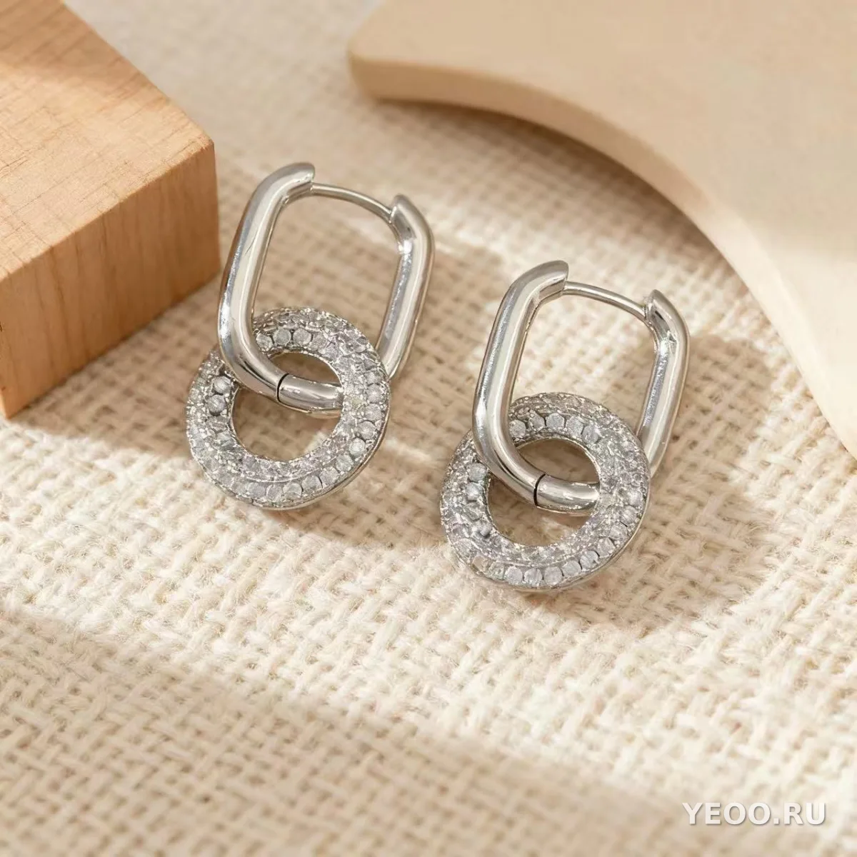 Серьги-гвоздики из латуни с позолотой 18K и цирконием, овальные, двойное кольцо