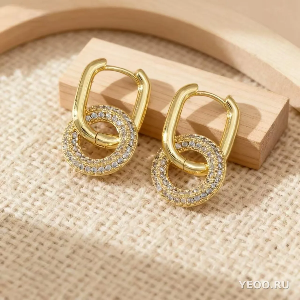 Серьги-гвоздики из латуни с позолотой 18K и цирконием, овальные, двойное кольцо