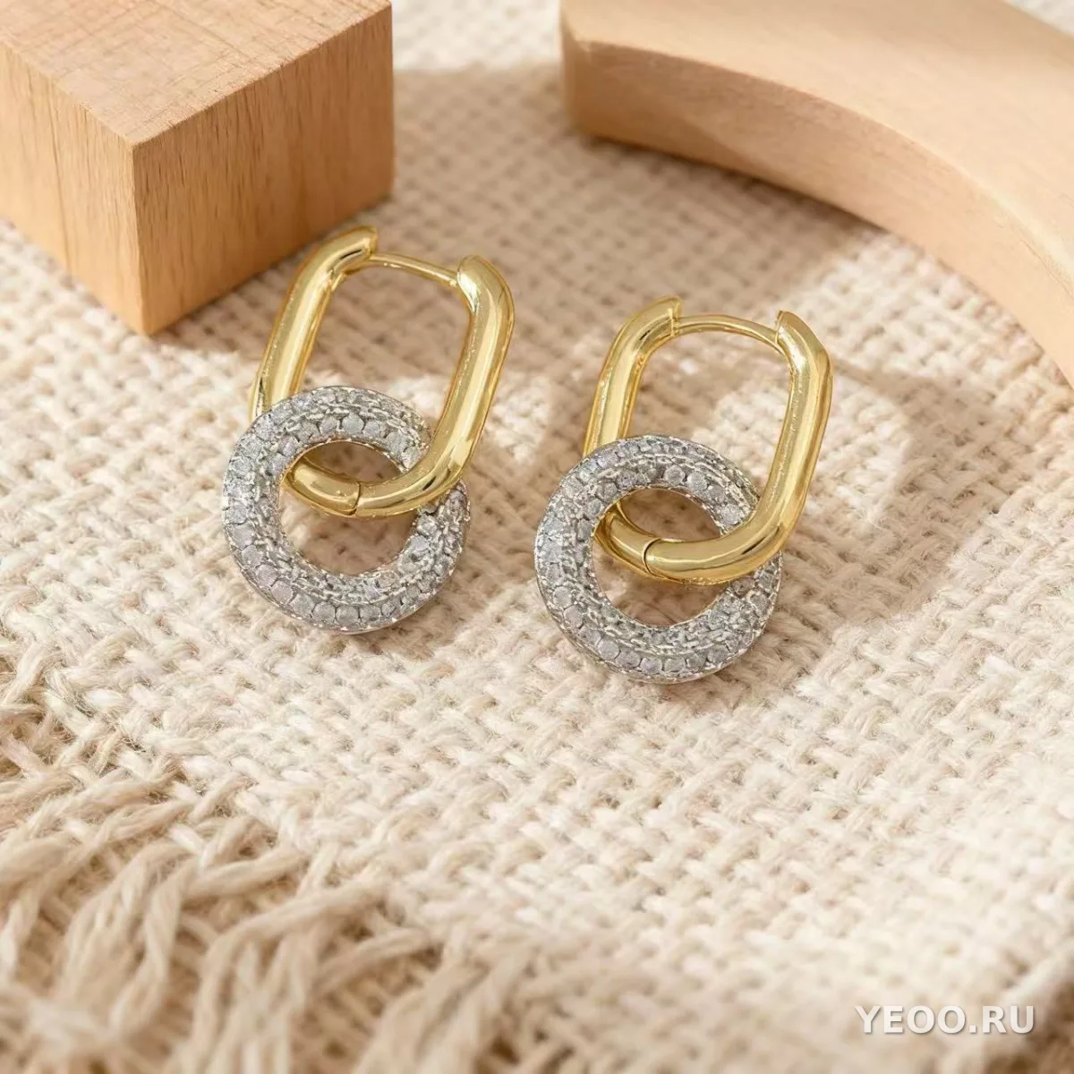 Серьги-гвоздики из латуни с позолотой 18K и цирконием, овальные, двойное кольцо