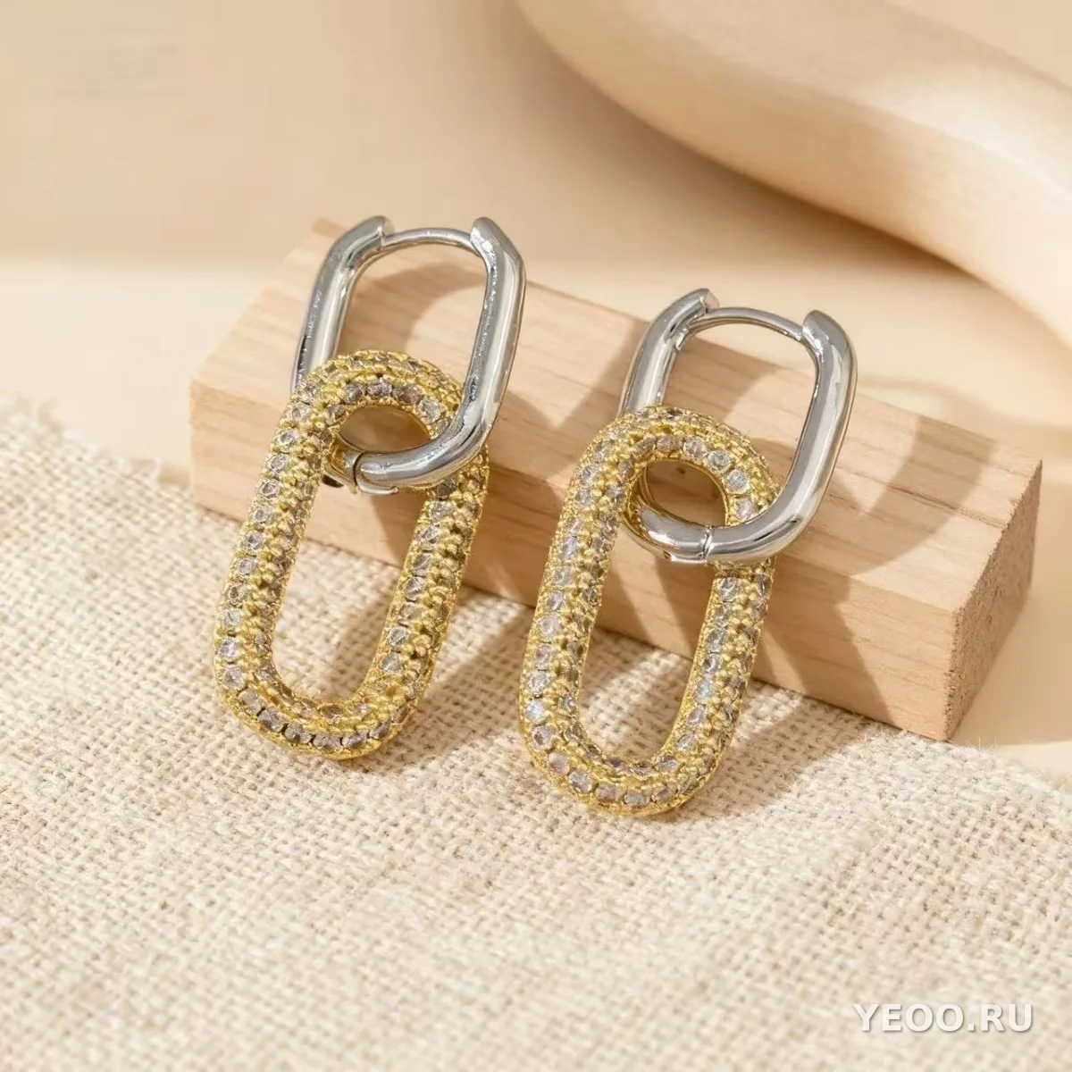 Серьги-гвоздики из латуни с позолотой 18K и цирконием, овальные, двойное кольцо
