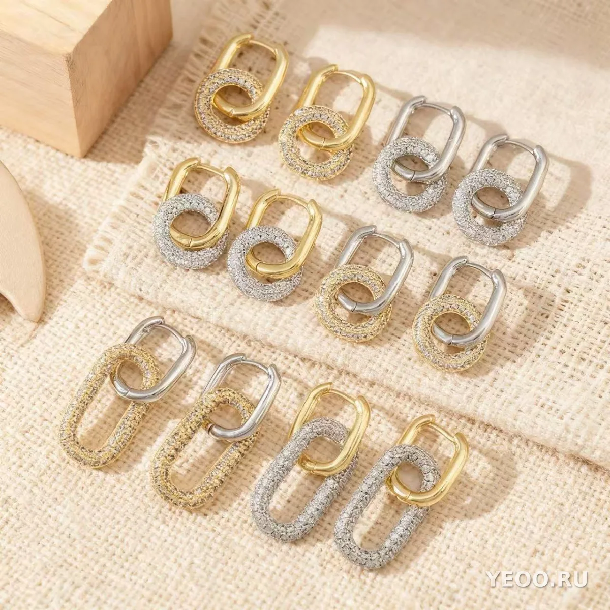 Серьги-гвоздики из латуни с позолотой 18K и цирконием, овальные, двойное кольцо