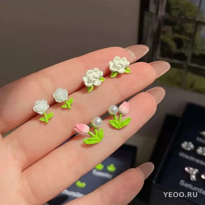 Серьги-гвоздики из пластика и смолы с бантиками, ушки из серебра 925 пробы, летний комплект из 7 предметов