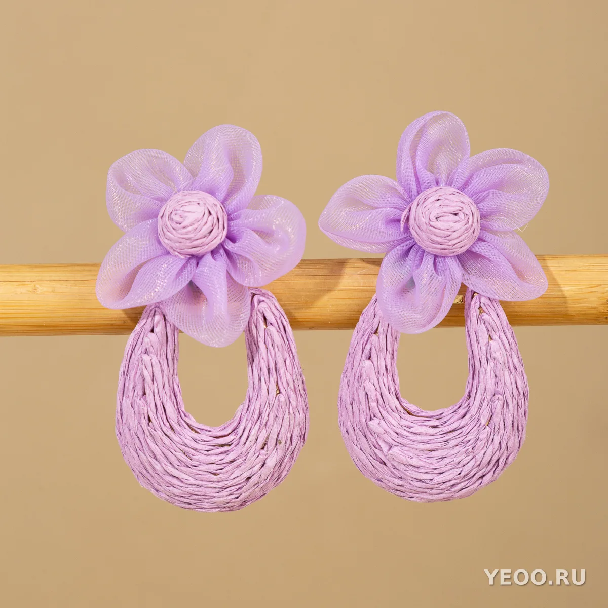 Серьги-подвески из рафии с сетчатыми цветочными элементами и плетёным кружевом в стиле каникел