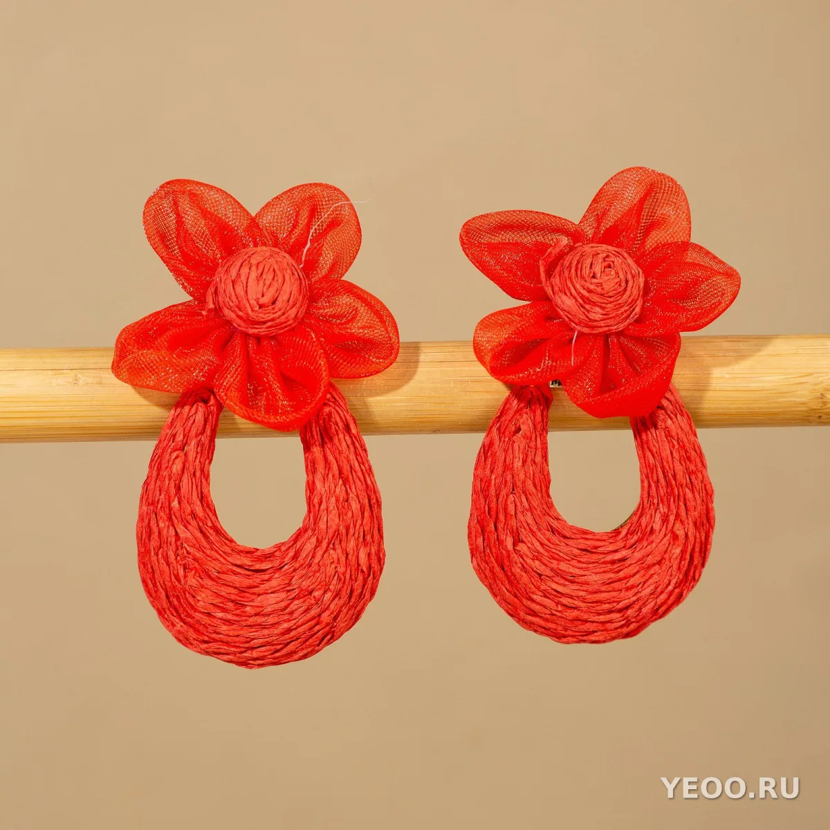 Серьги-подвески из рафии с сетчатыми цветочными элементами и плетёным кружевом в стиле каникел