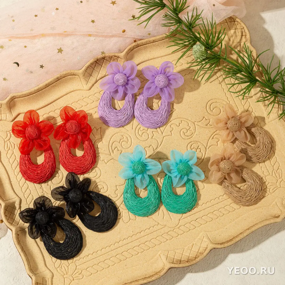 Серьги-подвески из рафии с сетчатыми цветочными элементами и плетёным кружевом в стиле каникел