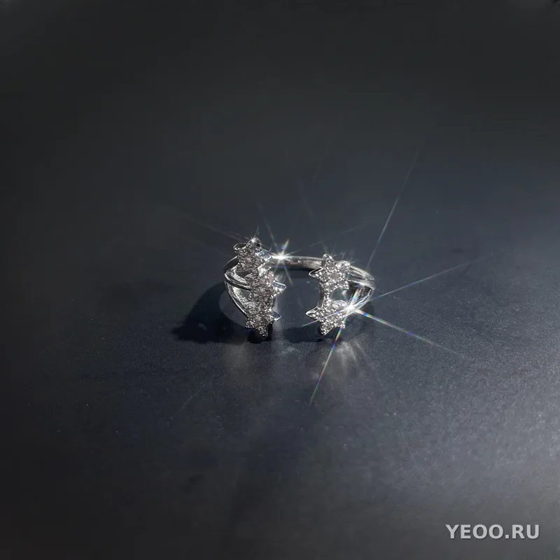 Кольцо женское разомкнутое со звёздами и сплошной инкрустацией, для указательного пальца
