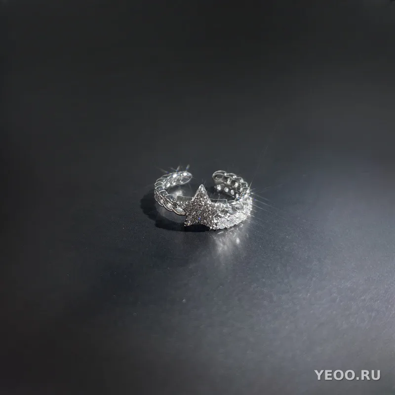 Кольцо женское разомкнутое со звёздами и сплошной инкрустацией, для указательного пальца
