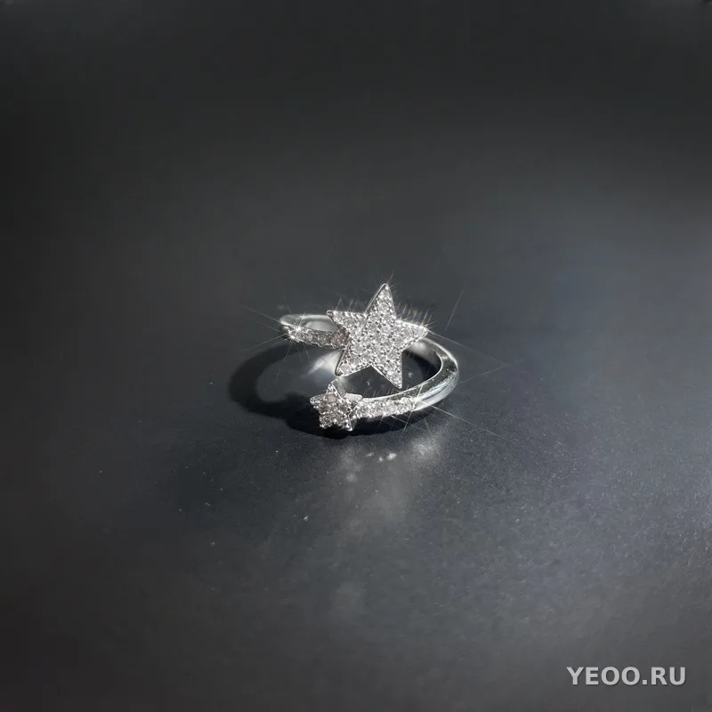 Кольцо женское разомкнутое со звёздами и сплошной инкрустацией, для указательного пальца