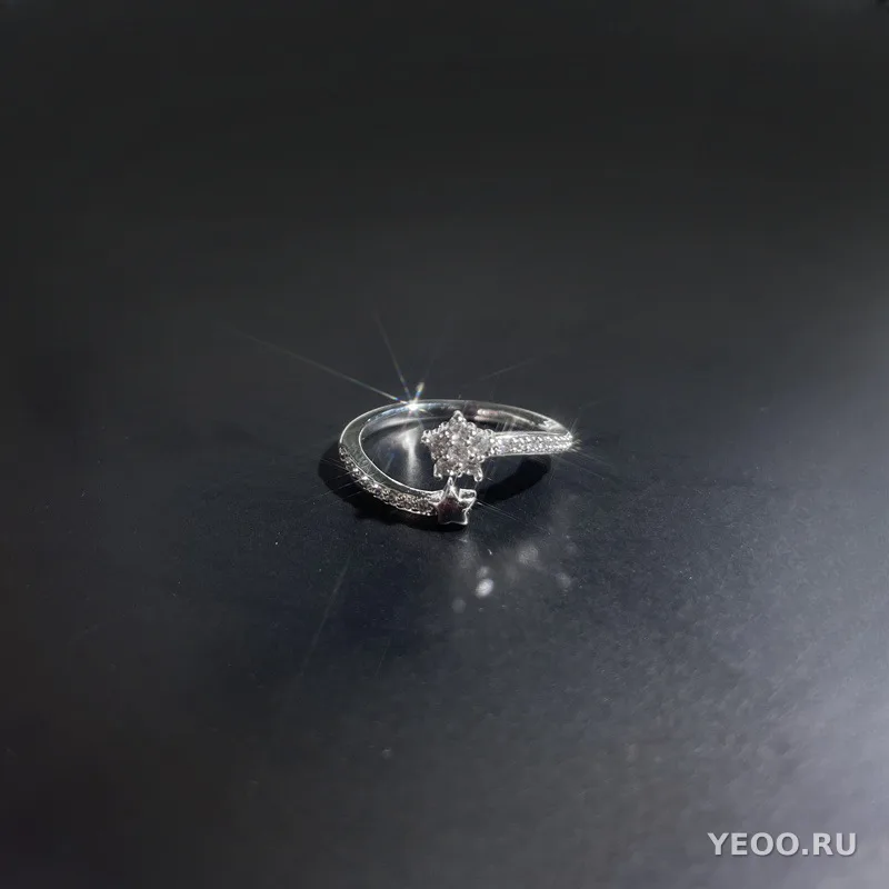 Кольцо женское разомкнутое со звёздами и сплошной инкрустацией, для указательного пальца
