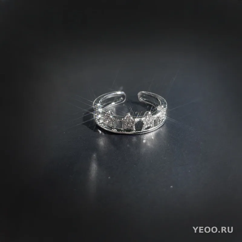 Кольцо женское разомкнутое со звёздами и сплошной инкрустацией, для указательного пальца