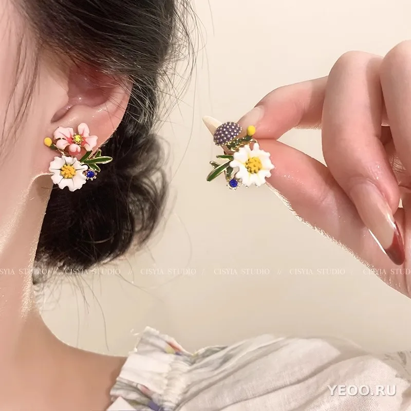Серьги-подвески из органзы с цветочным узором, серебряная основа 925 пробы