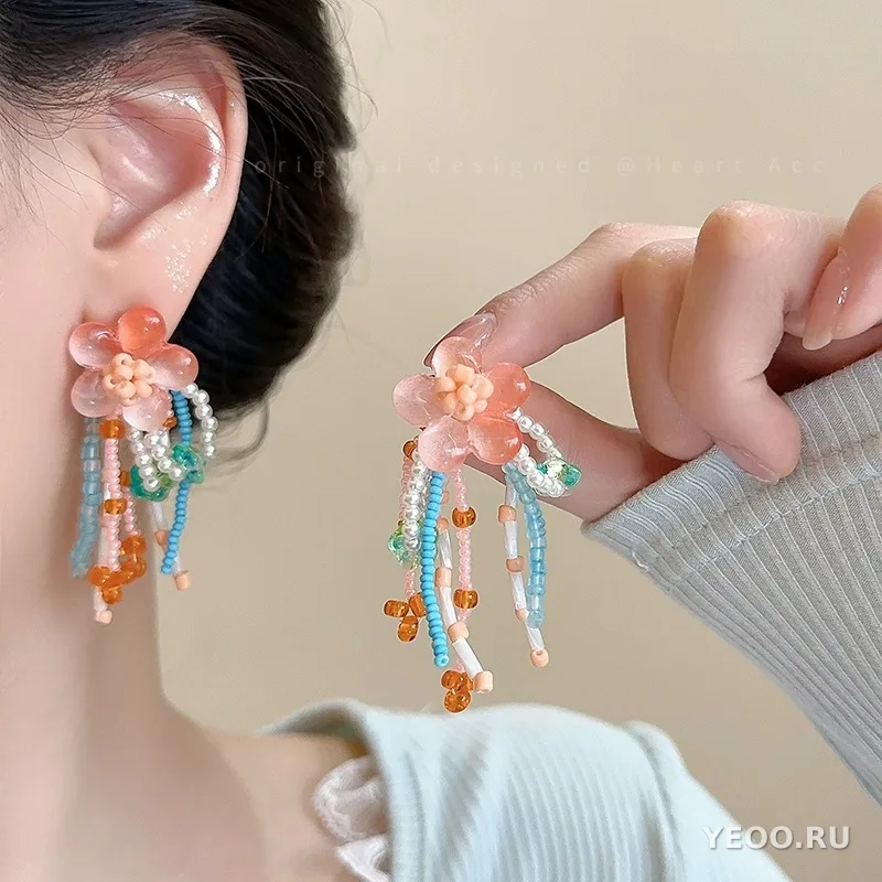 Серьги-подвески из органзы с цветочным узором, серебряная основа 925 пробы