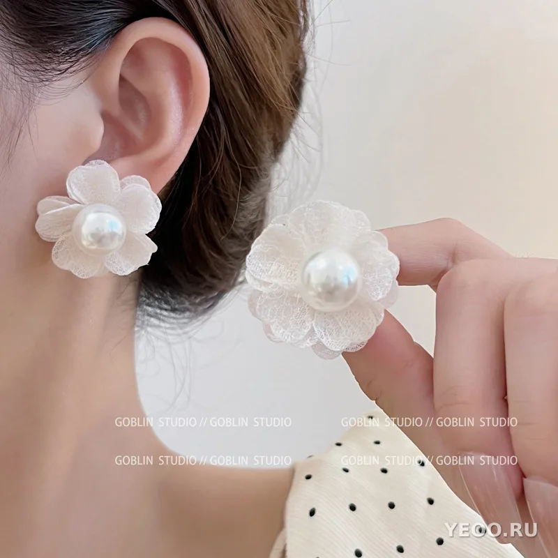 Серьги-подвески из органзы с цветочным узором, серебряная основа 925 пробы
