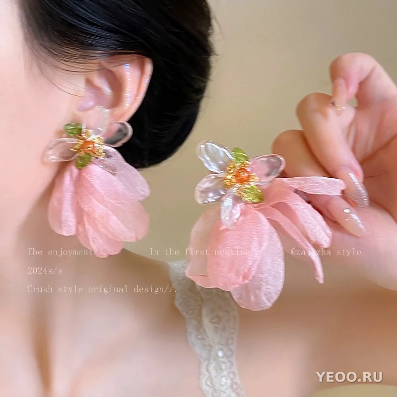 Серьги-подвески из органзы с цветочным узором, серебряная основа 925 пробы