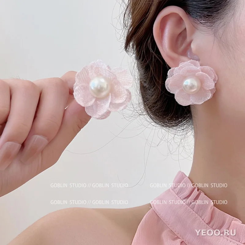 Серьги-подвески из органзы с цветочным узором, серебряная основа 925 пробы