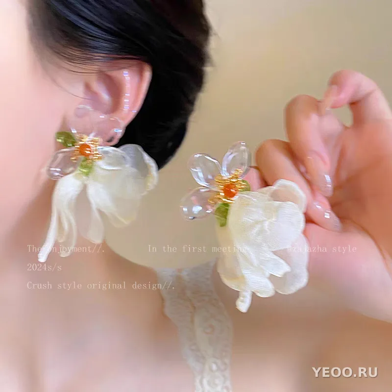 Серьги-подвески из органзы с цветочным узором, серебряная основа 925 пробы