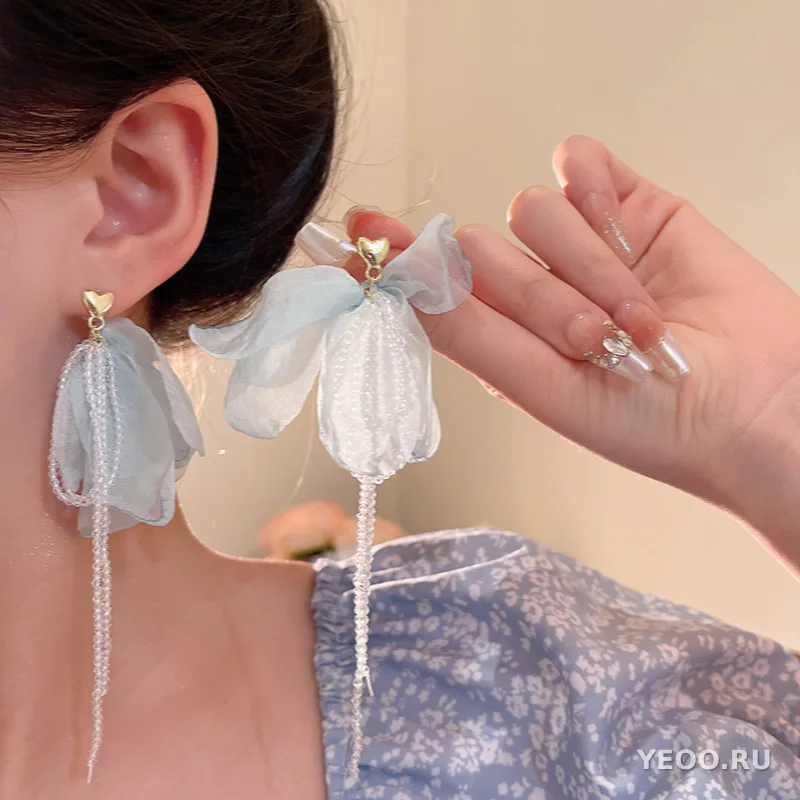 Серьги-подвески из органзы с цветочным узором, серебряная основа 925 пробы