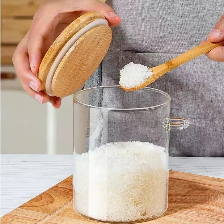 Стеклянная герметичная банка для хранения с ложкой и бамбуковой крышкой