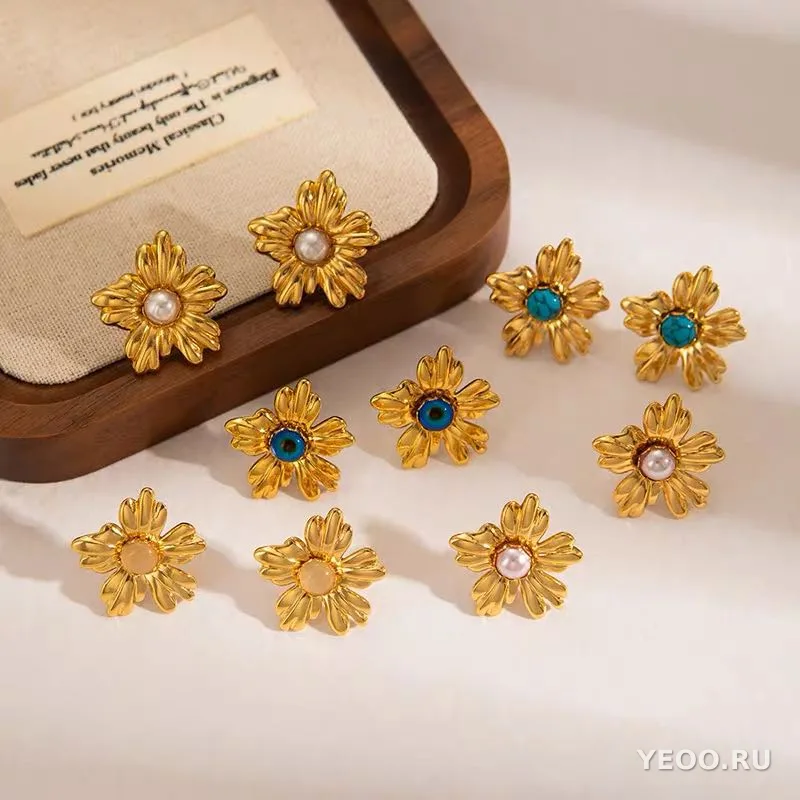 Серьги-гвоздики из нержавеющей стали с цветочной текстурой, винтажные