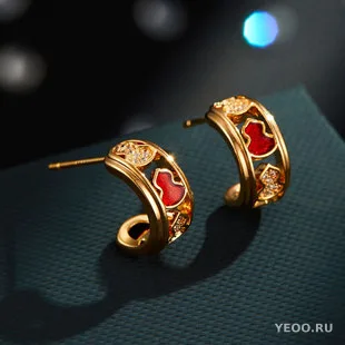 Серьги-гвоздики C-образные, двусторонние, медный сплав с золочением, 925 проба