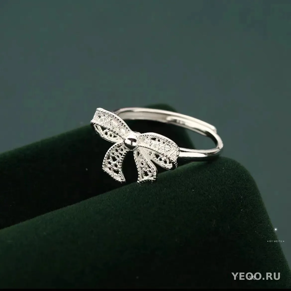 Кольцо из серебра с ажурным бантом, разомкнутое, женское, свежий стиль