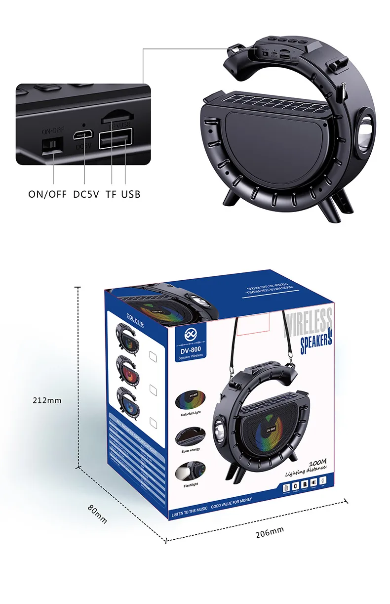 Портативная Bluetooth-колонка с фонариком и солнечной панелью, USB