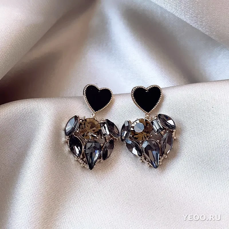 Серьги-подвески чёрные с кристаллами, геометрической формы, на серебряной застёжке 925 пробы