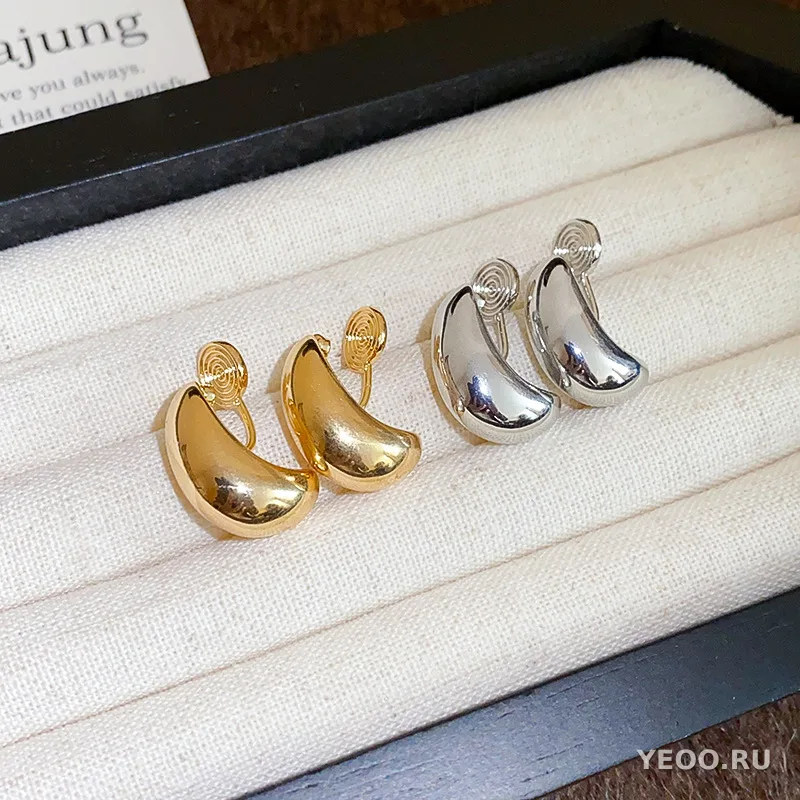 Серьги-клипсы металлические овальные каплевидные, без прокола