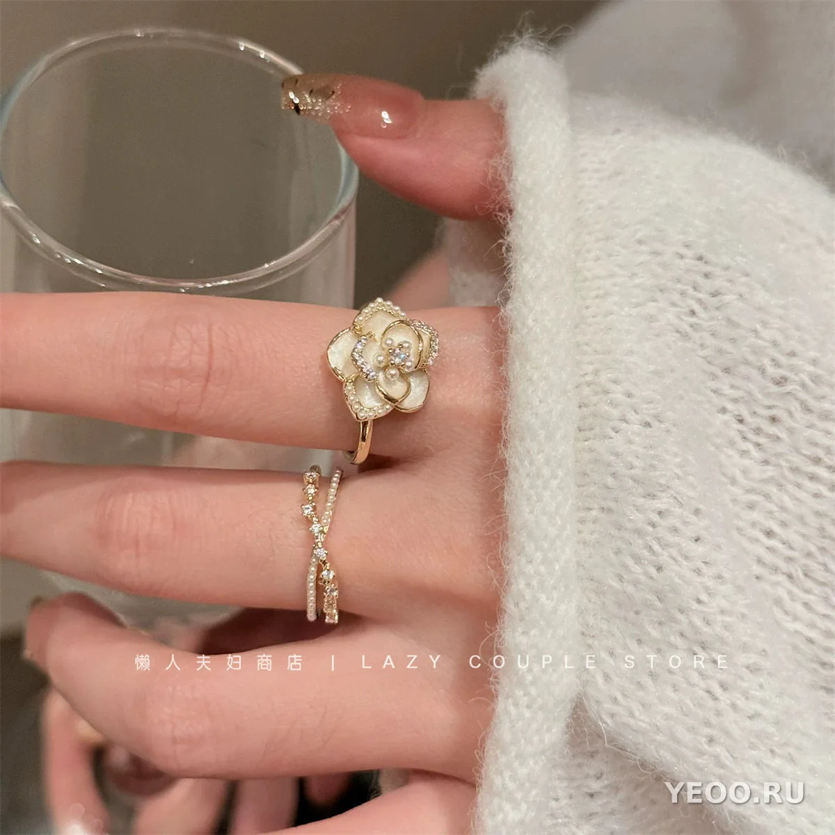 Кольцо французское с жемчугом и камелией, женское, изящное, для указательного пальца